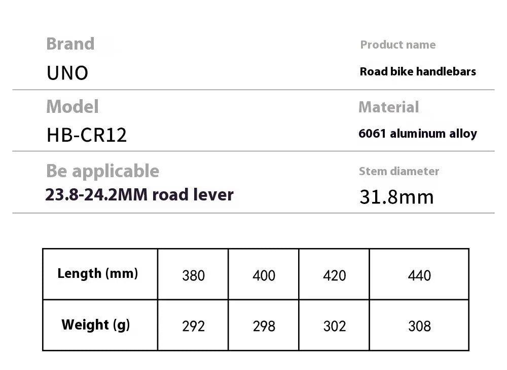 Black UNO road bike aluminium racing handlebar with small bent profile showing 31.8mm clamp markings