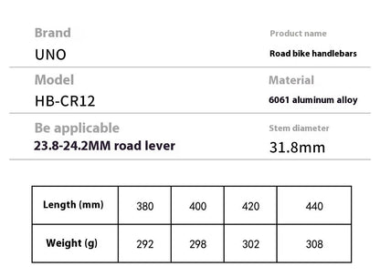 Black UNO road bike aluminium racing handlebar with small bent profile showing 31.8mm clamp markings