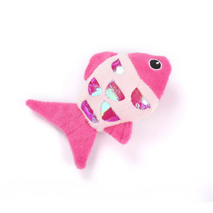 Two plush fish cat toys in blue and orange with catnip and crinkle sound features