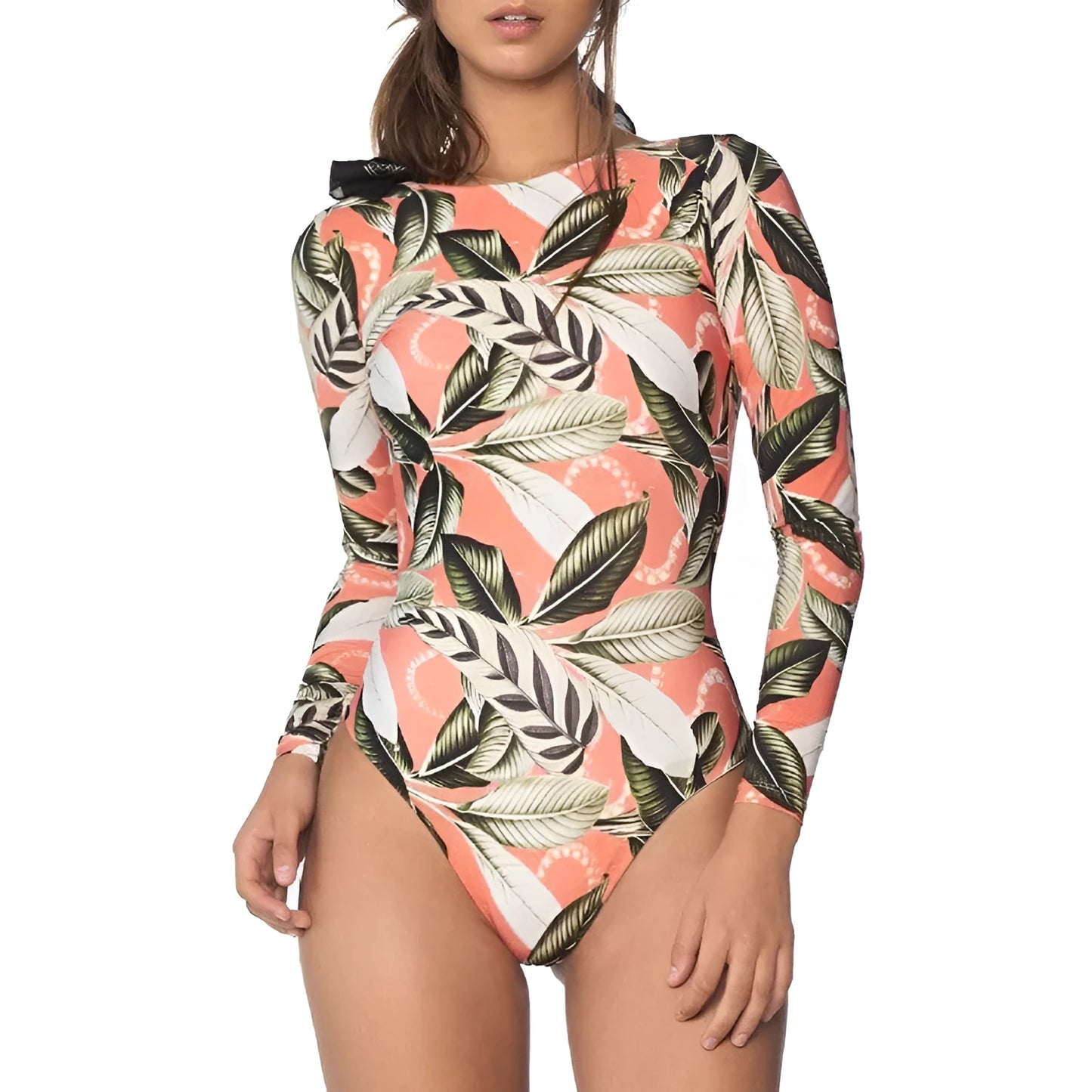 Women's backless one-piece swimsuit with tropical leaf print in polyester fabric