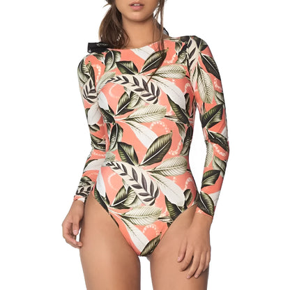 Women's backless one-piece swimsuit with tropical leaf print in polyester fabric
