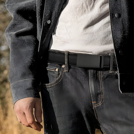 Men's brown PU leather belt with an automatic alloy buckle on a textured background.