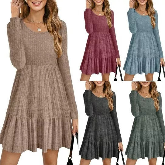 Solid color round neck knitted dress sweater in various colors and sizes