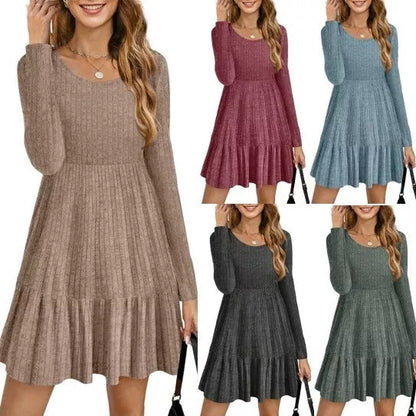 Solid color round neck knitted dress sweater in various colors and sizes