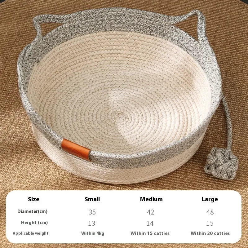 Cotton woven cat nest mat with stitching texture in grey, brown or green colours