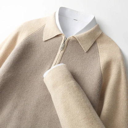 Men's wheat camel half zip wool sweater with contrast lapels, slim fit winter pullover