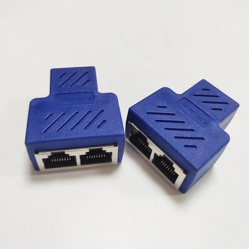 RJ45 network cable splitter adapter showing white, yellow, red, blue, and black colour options with standard Ethernet connectors