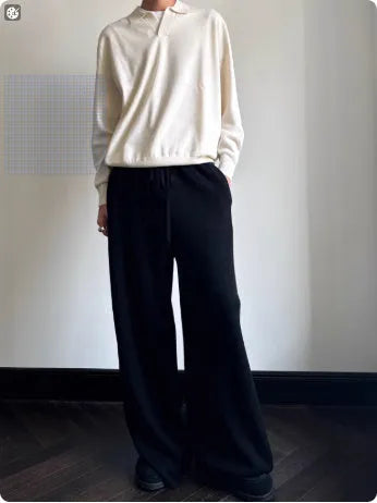 Old Money Style pure wool polo sweater with lapel collar and long sleeves in milky white or navy blue, loose fit