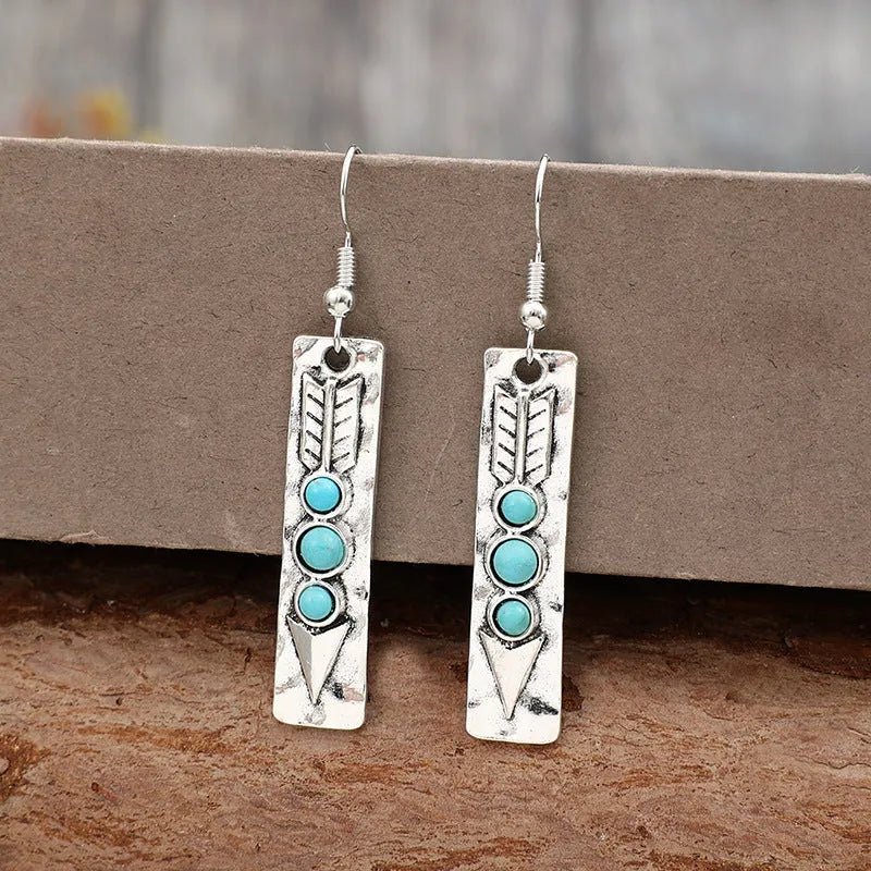 Silver geometric long strip earrings with turquoise inlay, zinc alloy retro style jewellery for women.