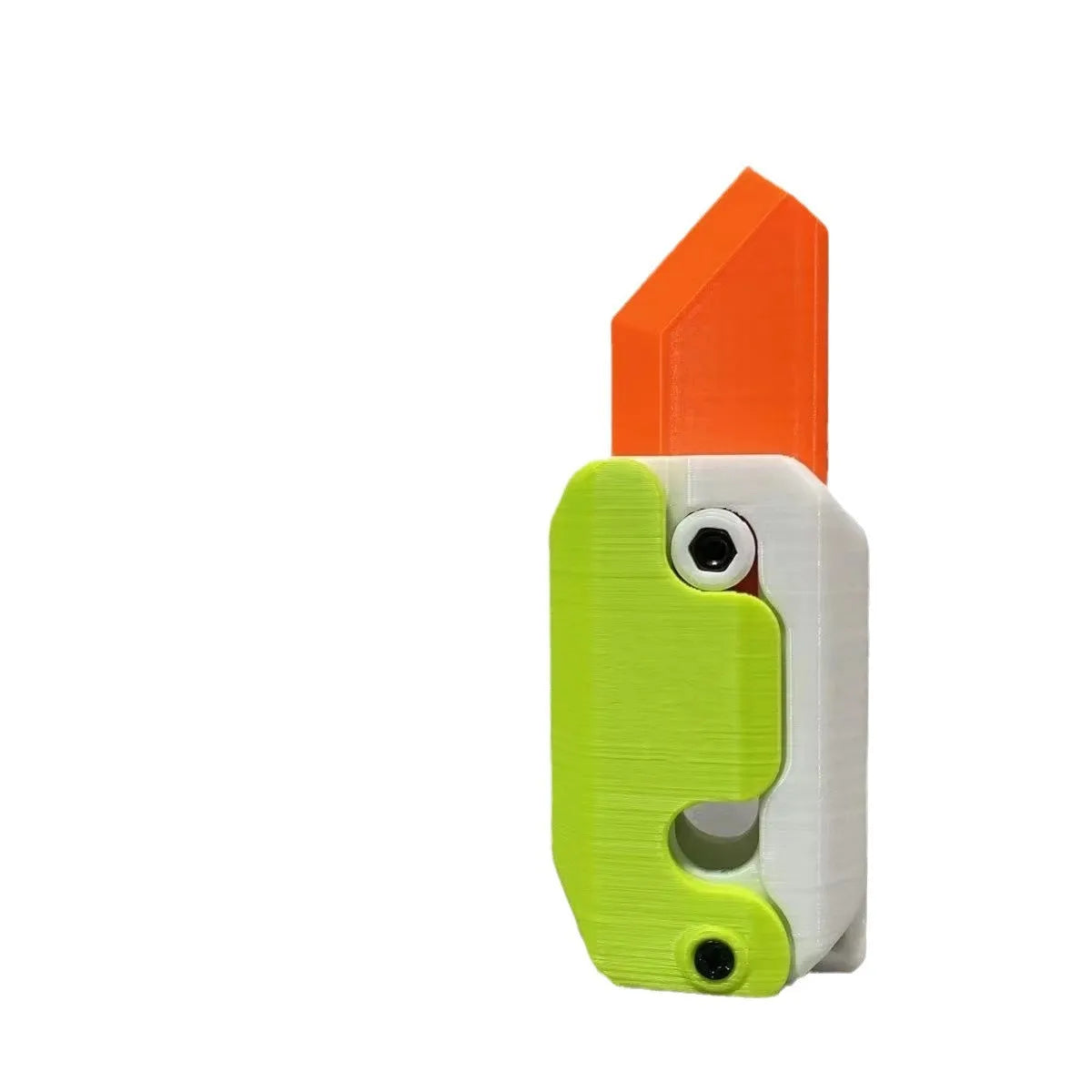 Small orange and green 3D printed plastic carrot knife fidget toy with blade extended.