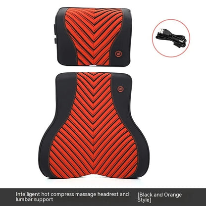 Black and orange electric massage heating car headrest and lumbar support cushion on a vehicle seat.