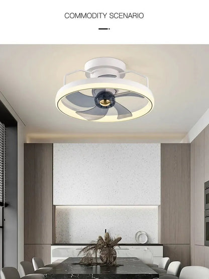 Simple Fashion modern ceiling fan with integrated light and white blades on a white ceiling.