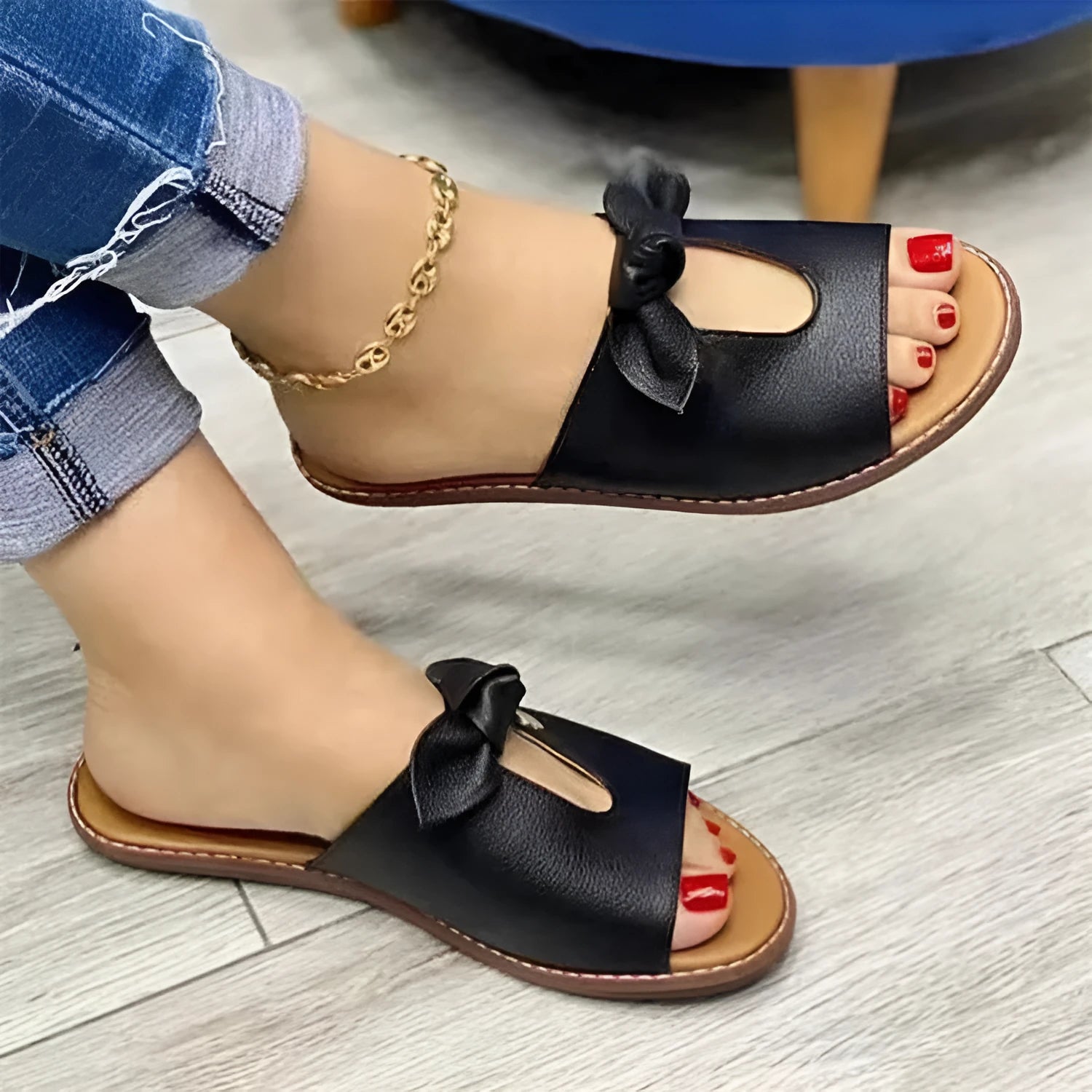 Ladies sandals with bow detailing and fish mouth design in black, pink, or gold colours