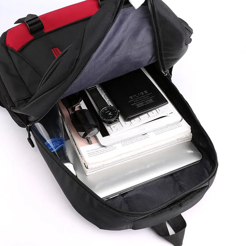 Waterproof nylon high school backpack with air-cushioned straps in black, red, blue, or grey colours
