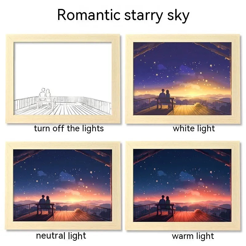 USB-powered LED picture frame night light displaying landscape artwork in modern plastic frame