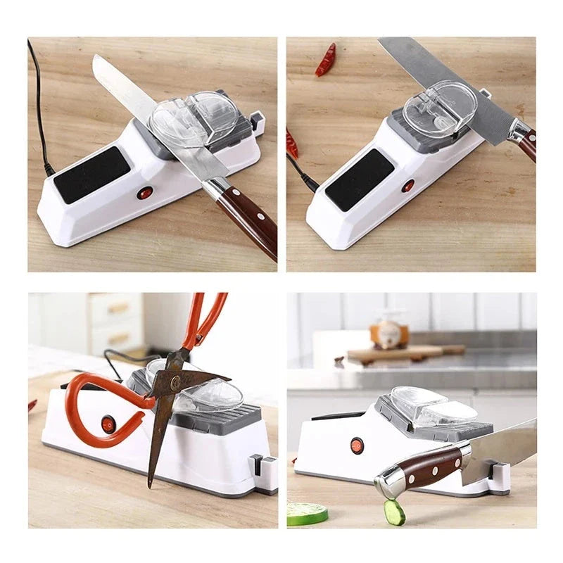 Powerful electric knife sharpener with dual sharpening slots, protective cover, and ergonomic design for quick and easy blade renewal.