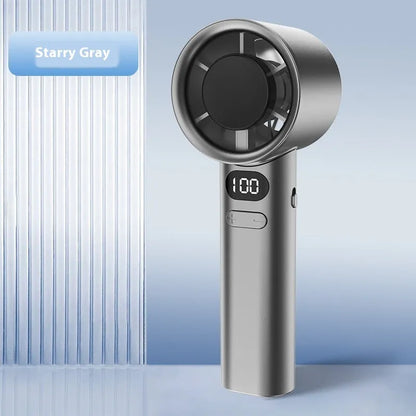 Handheld fan with 120-speed control, USB port, and 1800 mAh battery in choice of colours
