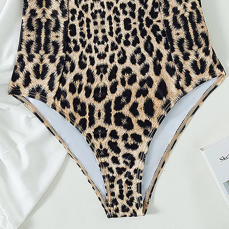 Adjustable shoulder strap leopard print swimsuit for women, available in sizes S, M, L, XL