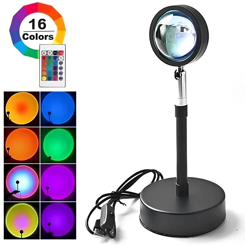 Rainbow sunset projector lamp with remote control showing colourful wall lighting effects