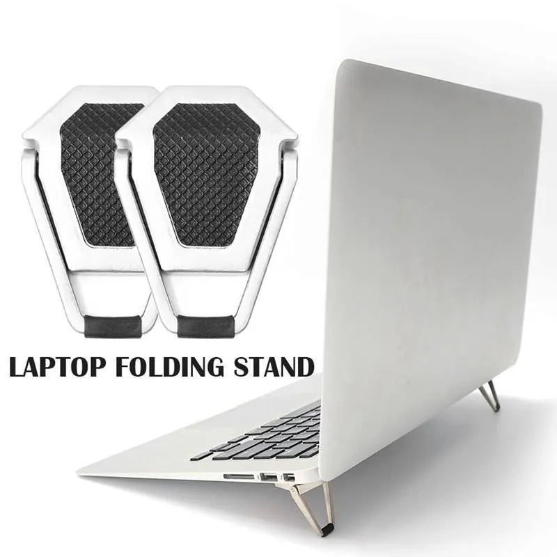 Folded aluminium laptop bracket showing compact 4.8cm size with 3M adhesive tabs