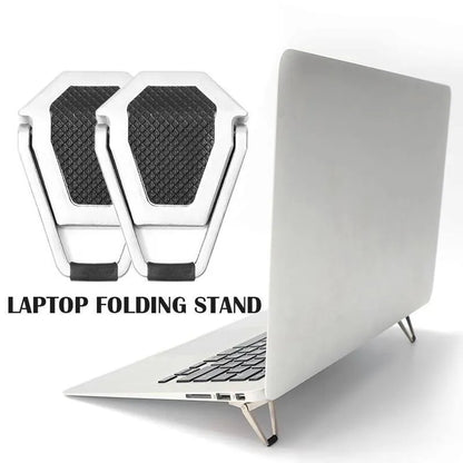 Folded aluminium laptop bracket showing compact 4.8cm size with 3M adhesive tabs