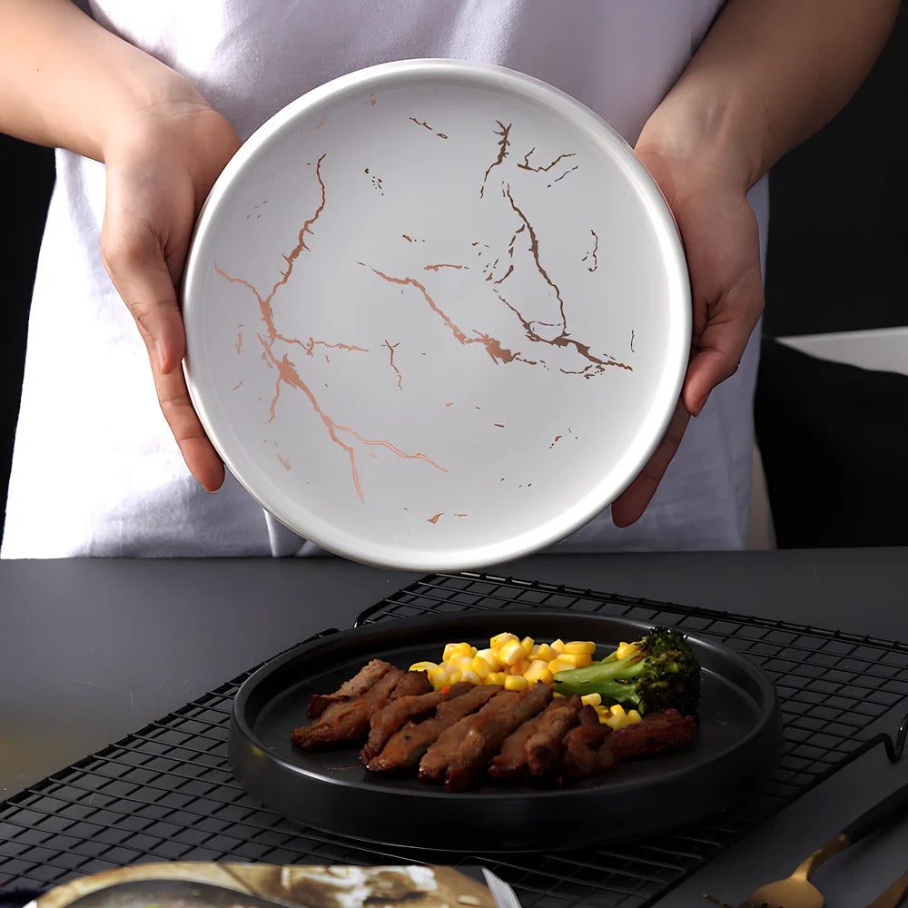 24.7cm Nordic style porcelain plate in white marble pattern, underglaze finish for durable household use