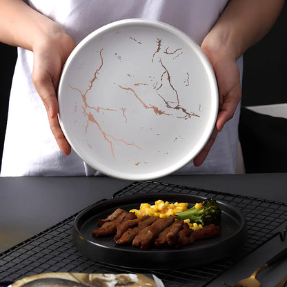 24.7cm Nordic style porcelain plate in white marble pattern, underglaze finish for durable household use