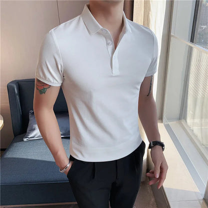 Solid colour cotton blend polo shirt with lapel collar and short sleeves in Korean style fit