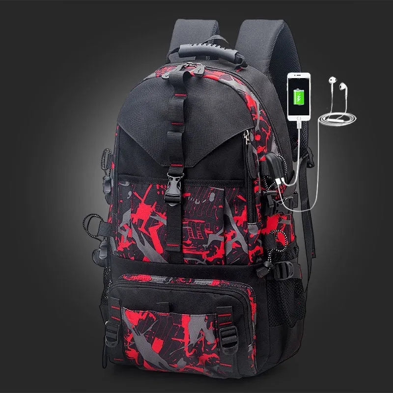 Men's black waterproof Oxford cloth hiking backpack with air pillow shoulder straps showing 56-75L capacity