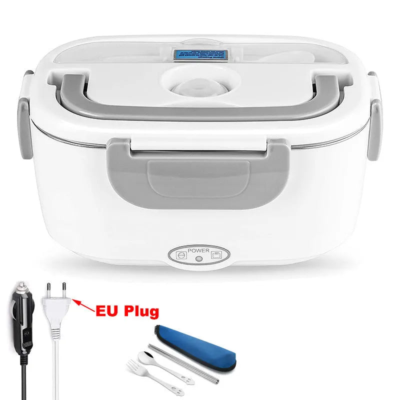 Grey dual-power electric heating lunch box showing 1.1-1.2 litre capacity with car and home plug options