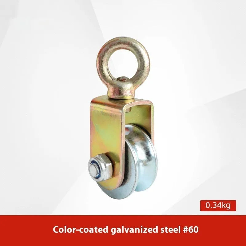 Red lifting pulley with safety latch, forged from A3 steel for industrial use with up to 5000kg load capacity.