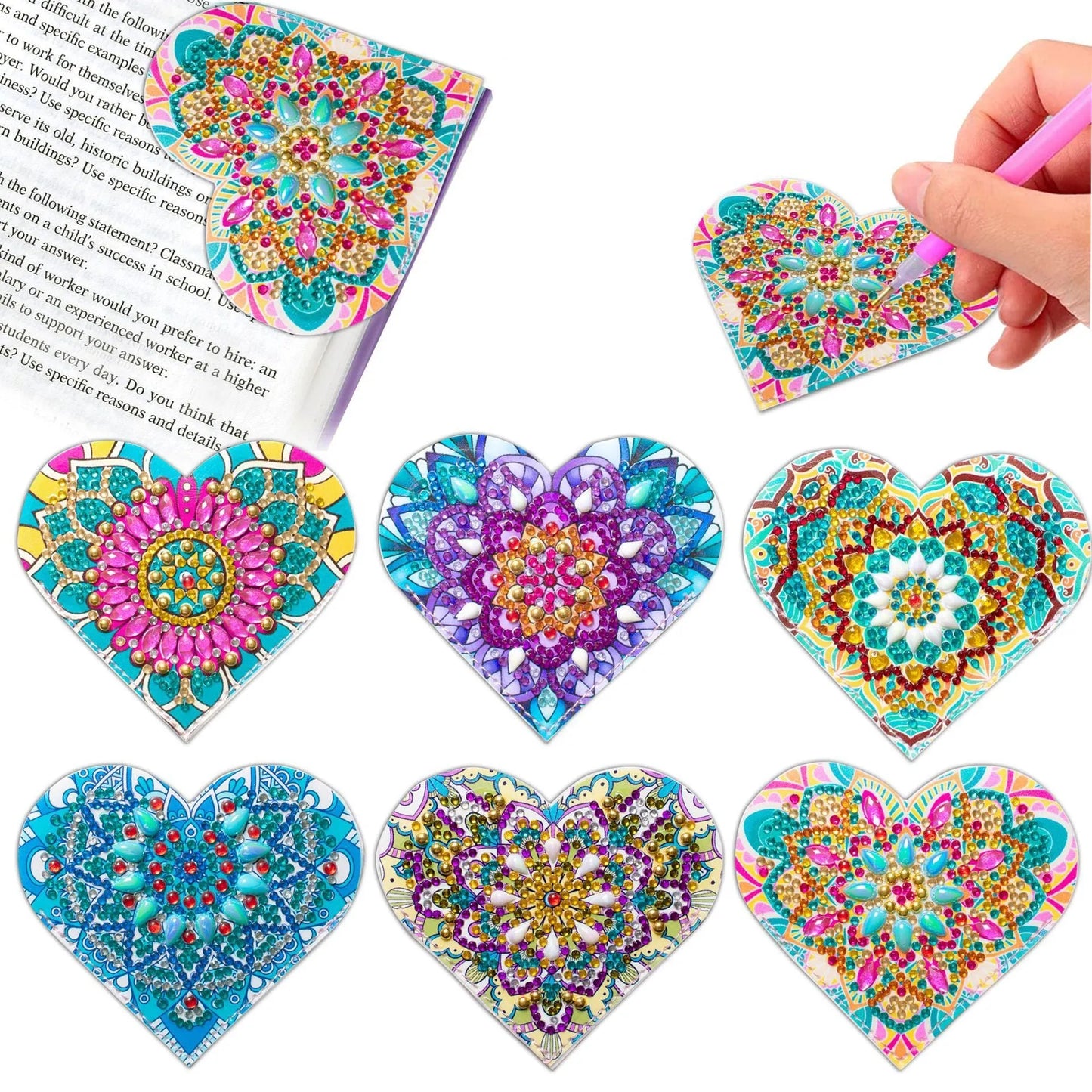 Six PU leather bookmarks with handmade crystal floral patterns, cornerite design, modern simplicity style