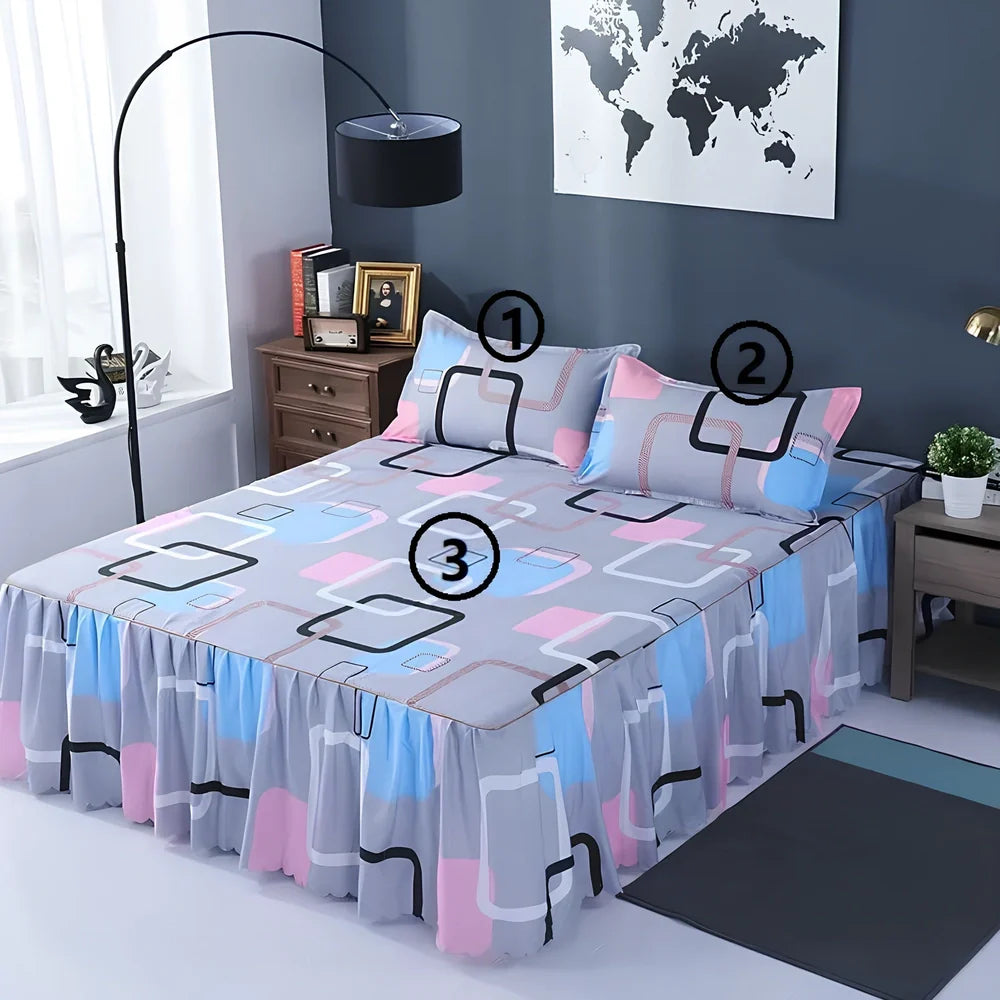 Pure cotton bed skirt pillowcase set with twill weave diagonal pattern in multiple colour options