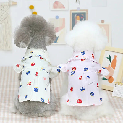 Cotton puppy shirt vest in pink or beige, mushroom design, sizes S to XXL for small dogs