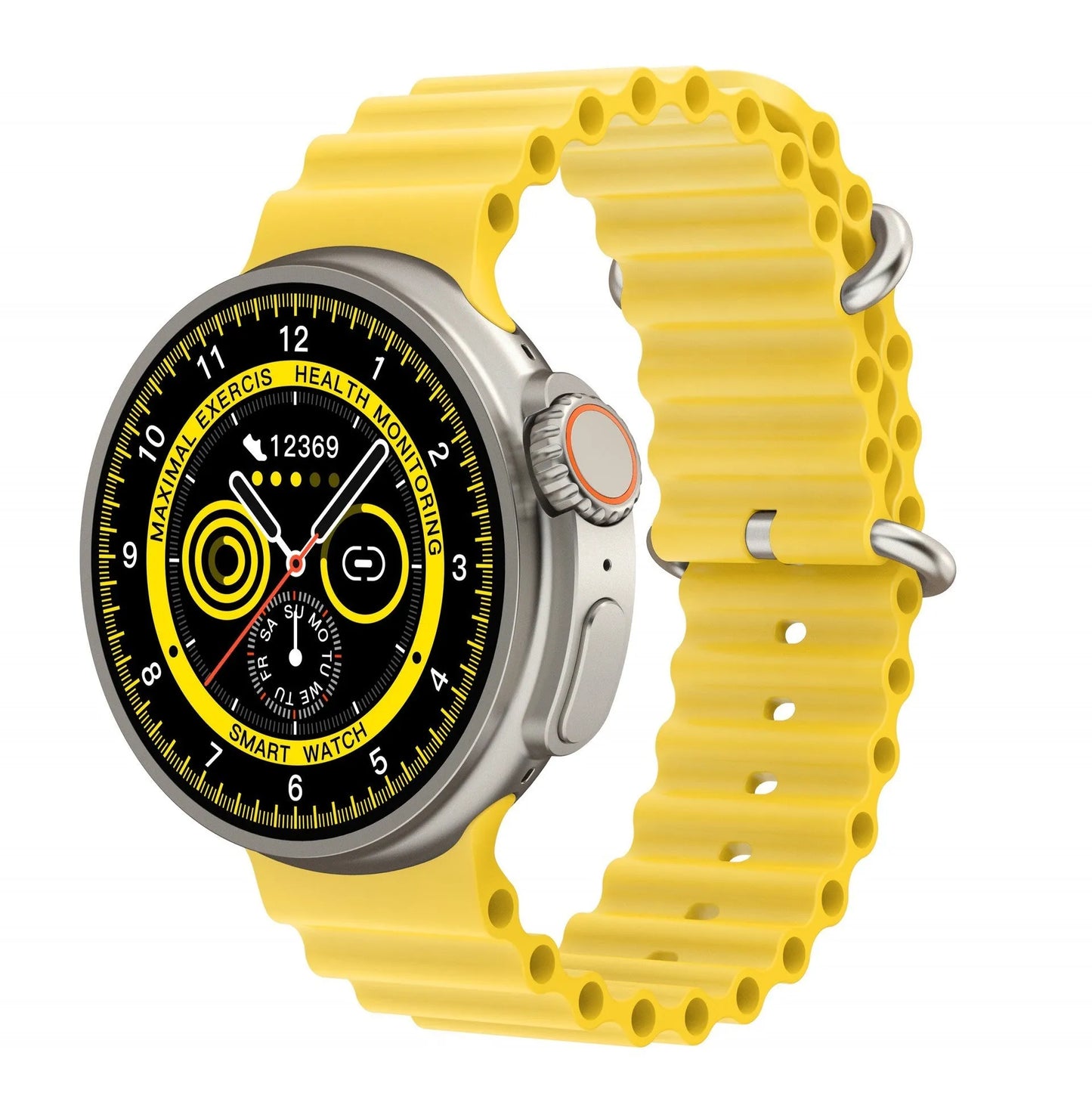K9 smart watch with circular screen and silicone strap showing interface with health metrics