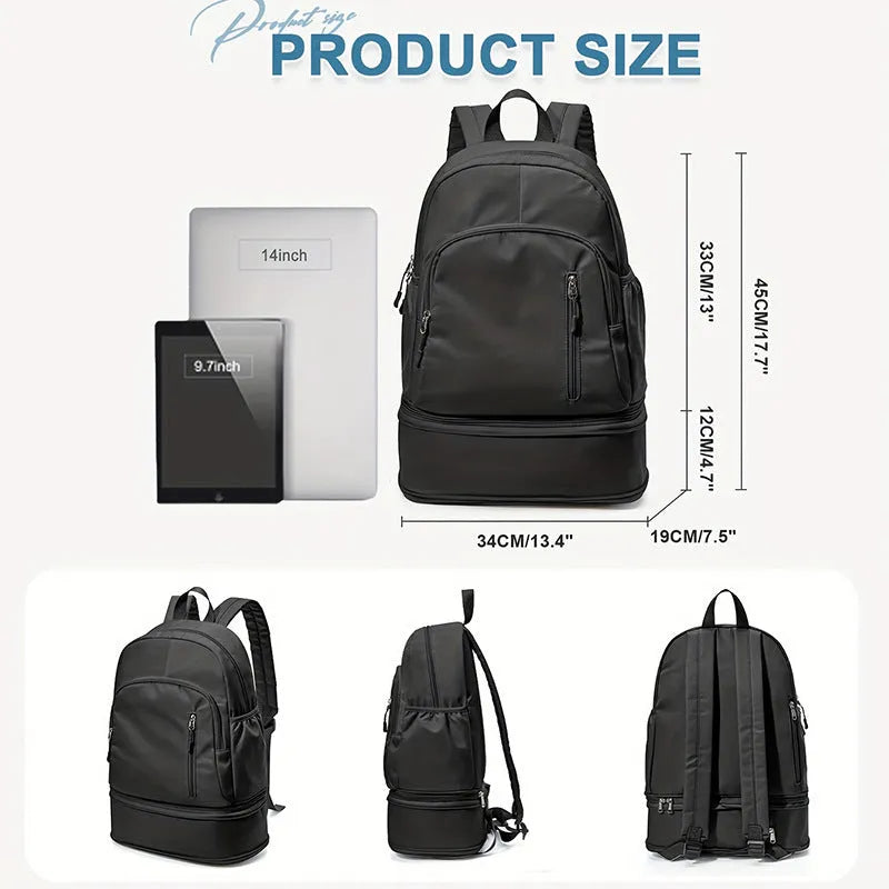 Women's casual backpack in black with adjustable curved shoulder straps and contrast stitching, 20-35L waterproof polyester.