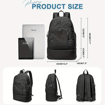 Women's casual backpack in black with adjustable curved shoulder straps and contrast stitching, 20-35L waterproof polyester.