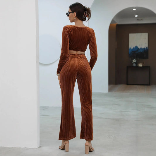 Long sleeve caramel sweater and trousers set with spandex stretch, sizes S to XXXL
