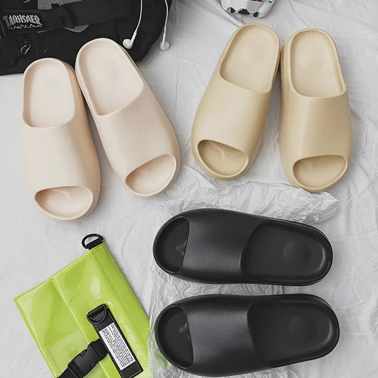 Women's thick sole beach slippers in EVA material, shown in available colours black, green, brown, and beige.