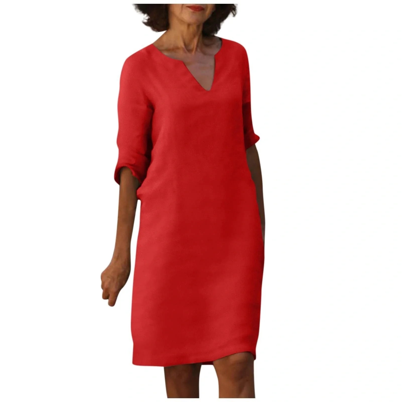 Retro cotton and linen V-neck dress with high waist and summer stitching in various colors