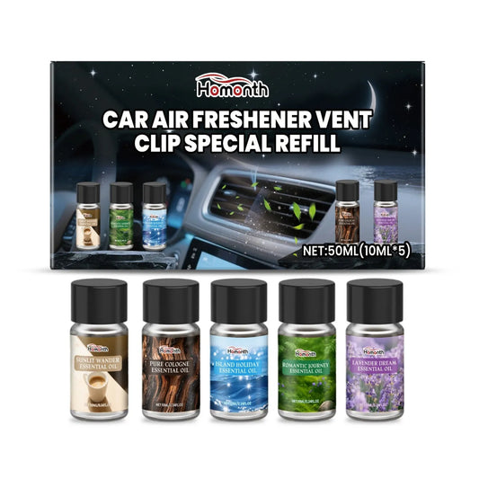 Car air freshener vent clip refill set showing five 10ml bottles with different scent labels