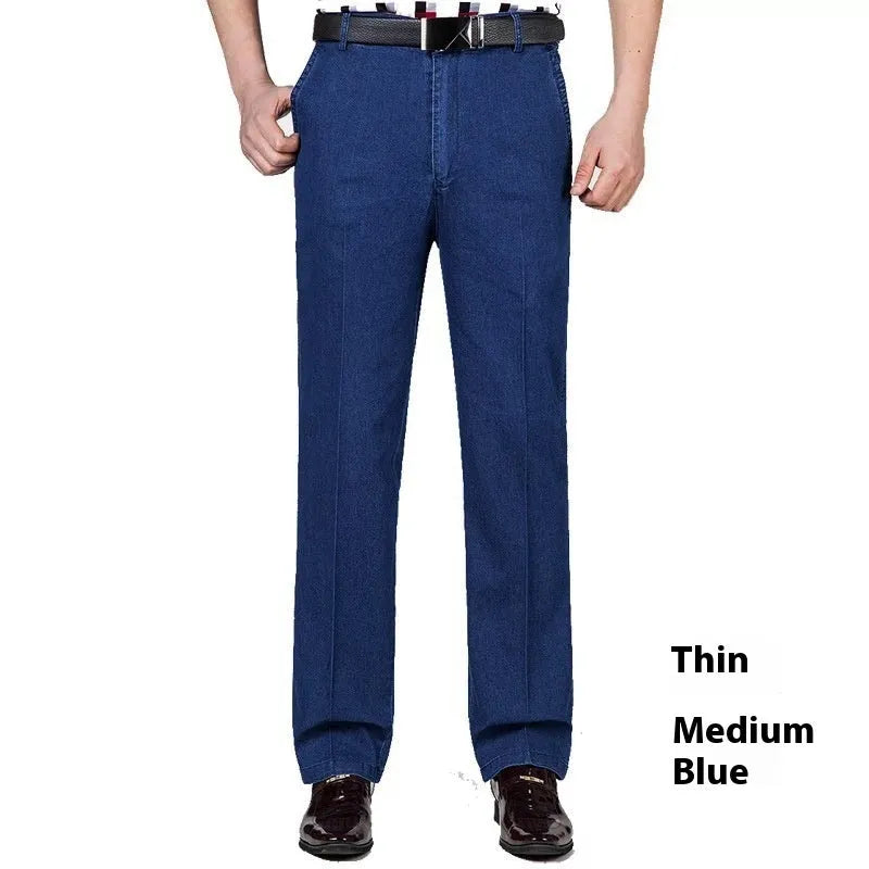 Men's high waist loose fit blue jeans on a hanger showing zip fly and casual style.