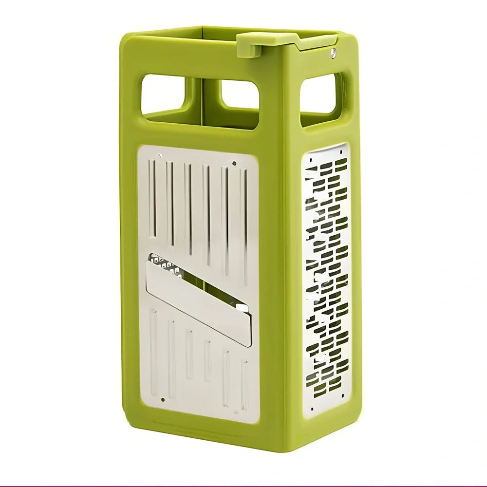 Green foldable stainless steel box grater with four cutting surfaces shown open and closed