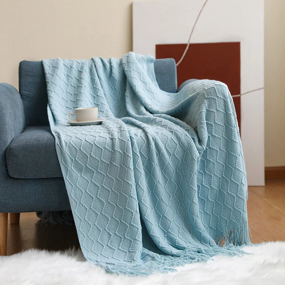 Nordic knitted sofa blanket in beige, yellow, khaki, grey, blue, or pink measuring 127x152cm or 130x200cm