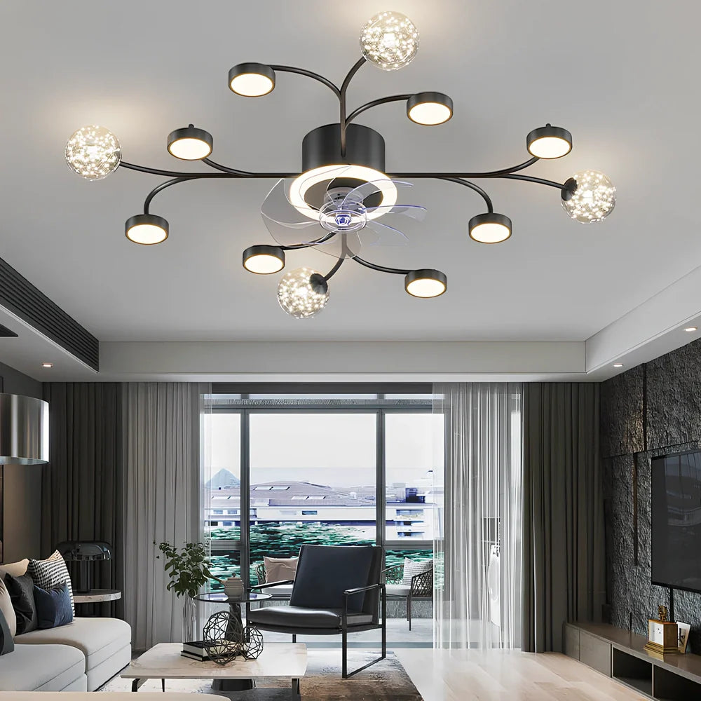 Modern smart ceiling fan lamp with round LED light and remote control in black or gold finish