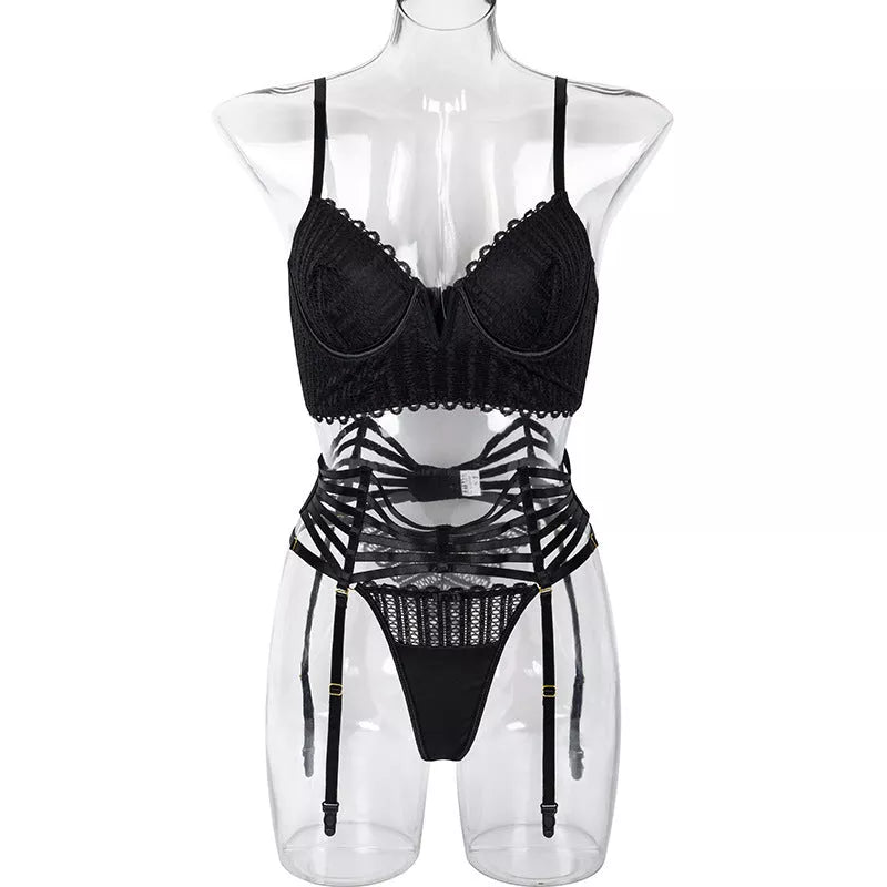 Black sculpting V-neck lingerie set with cross-body straps