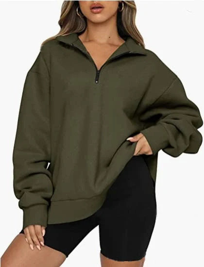 Women's zip turndown collar sweatshirt in various colors, showcasing loose fit and zipper detail.