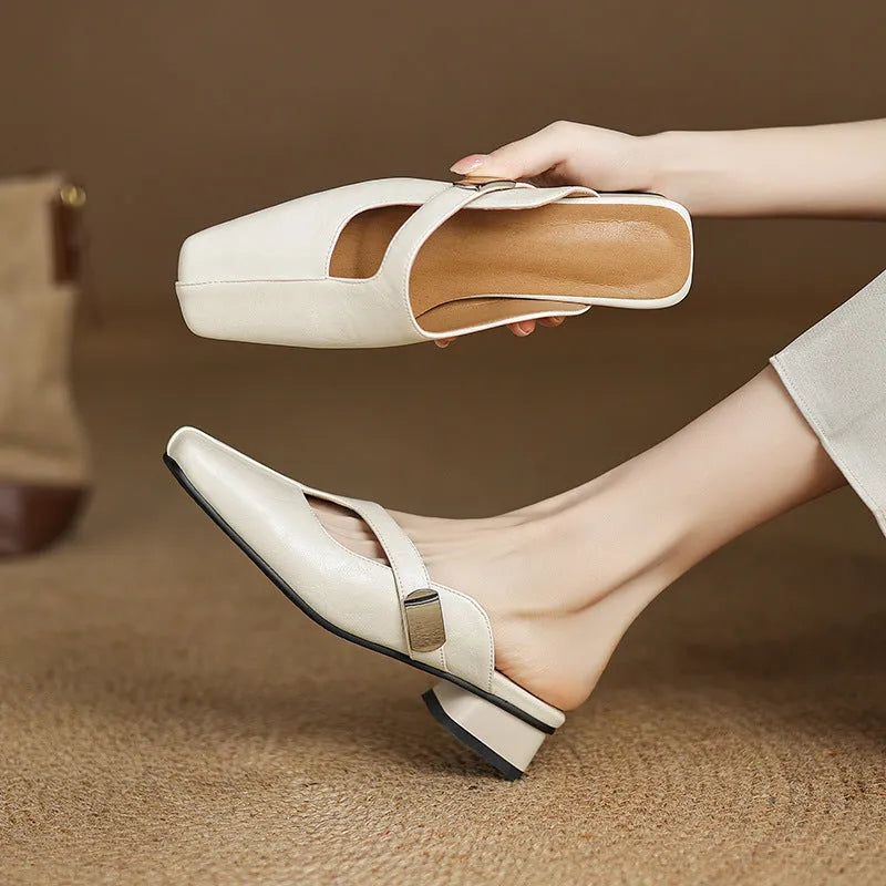 Low heel square toe outdoor slippers in artificial PU material with rubber sole