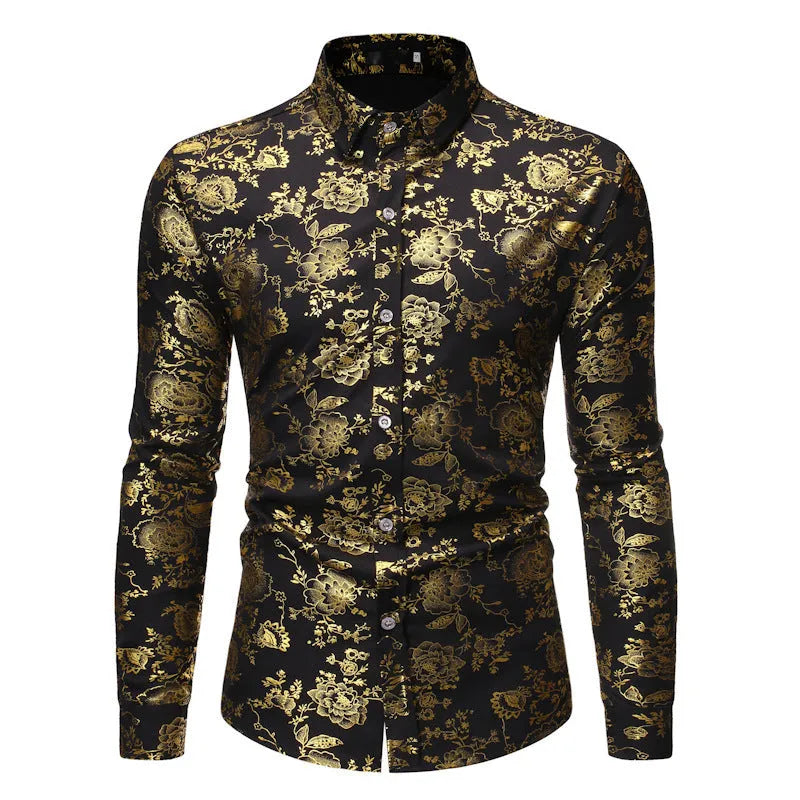Men's wine red lapel shirt with metal bronzing print on collar, cardigan style with long sleeves