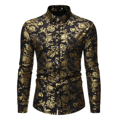 Men's wine red lapel shirt with metal bronzing print on collar, cardigan style with long sleeves